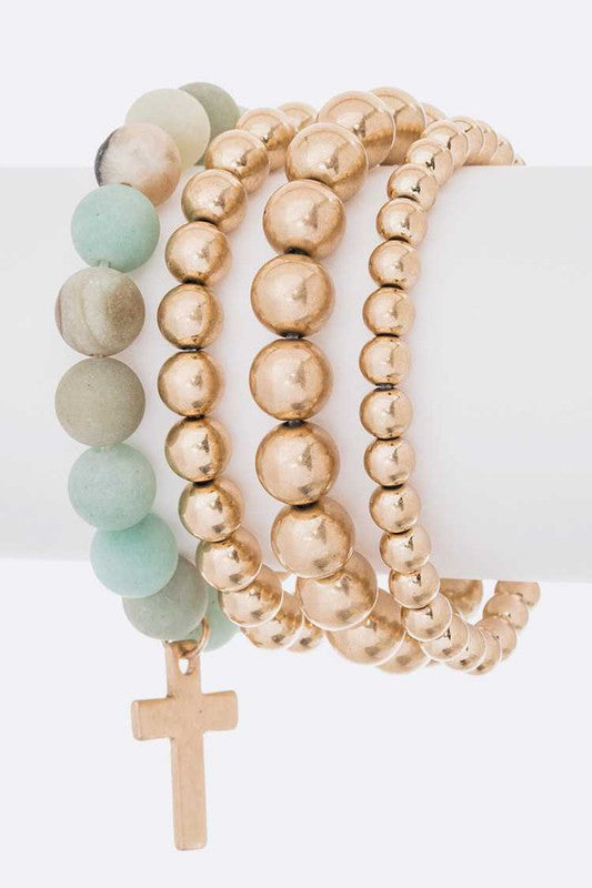 Layered Beads Cross Charm Bracelet Set