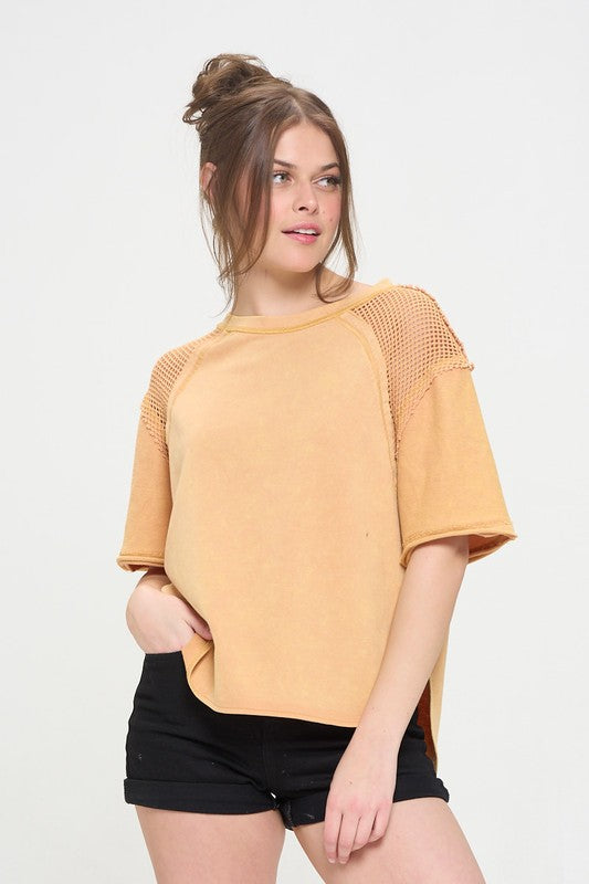 PLUS MINERAL WASHED SHORT SLEEVE FISHNET TOP