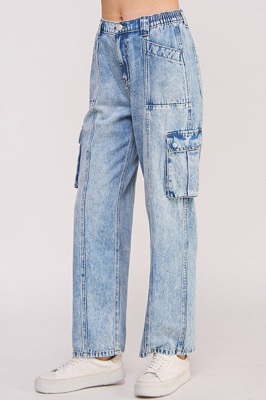 HIGH WAIST BAGGY DENIM CARGO ANKLE LENGTH TROUSERS