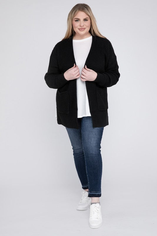 Plus Low Gauge Waffle Open Cardigan Sweater