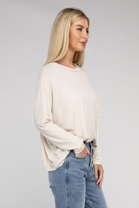 Washed Ribbed Dolman Sleeve Round Neck Top