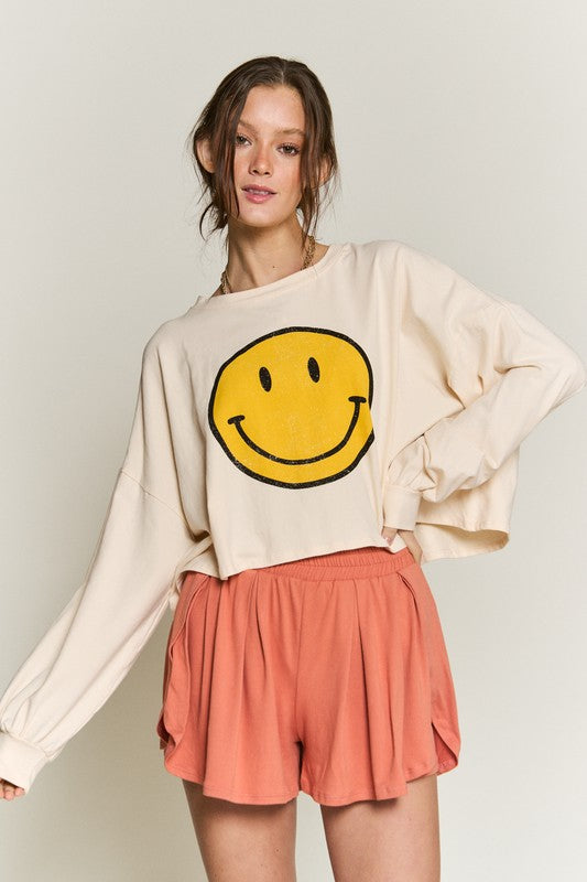 SMILEY FACE LONG SLEEVE CROP TOP