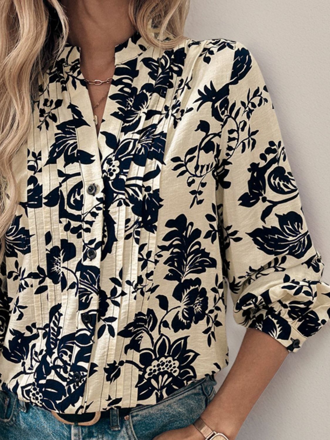 Perfee Printed Notched Long Sleeve Shirt